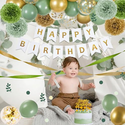 EASY JOY Sage green party decorations, Golden Happy Birthday banner, sage green and gold balloons, tissue paper pompons, olive green confetti dots decor, Neutral birthday party accessories.
