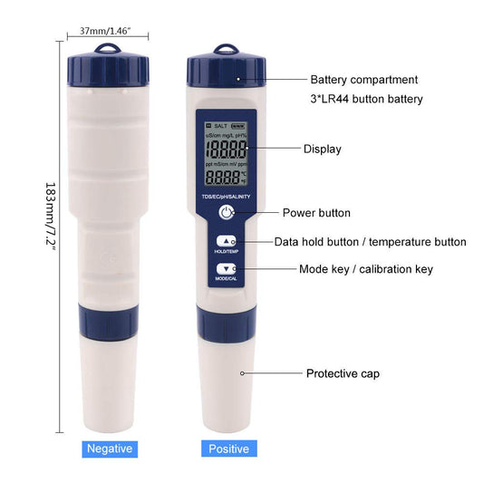 Meichoon 5 in 1 TDS/EC/pH/Salinity/Temperature Meter Digital Water Quality Tester for Hydroponics Aquariums Pools Drinking Water DH12