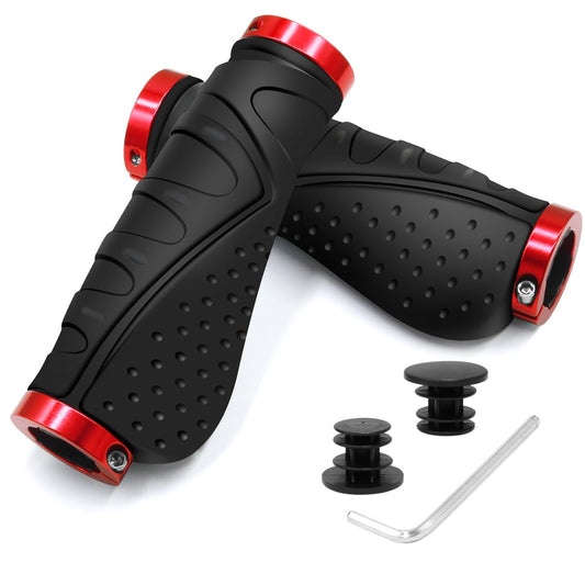 REETEE Bicycle Grips Non-Slip Handlebar Grips Ergonomic MTB Grips, Two Sides Lock-On Design Handlebar Grips for 22.2mm, Mountain Bike, Road Bike Handlebar (Black Red)