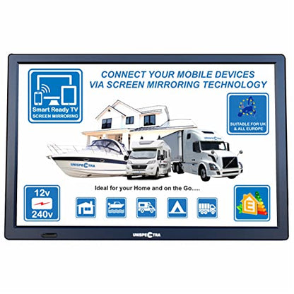 Unispectra® 14" TV 12V / 230V HD LED DVB-T/T2 (free to air) Screen mirroring technology USB PVR & Media player, HDMI. 12V TV for motorhomes, caravans, camping, trucks, boats, kitchen.