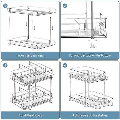 DEKAVA Under Desk Organizer, 2 Pieces, Bathroom Cabinet Organizer, 2 Layers, Sliding Door Basket, Drawer, Multi-purpose Bathroom Storage Baskets for Bathroom (Transparent)