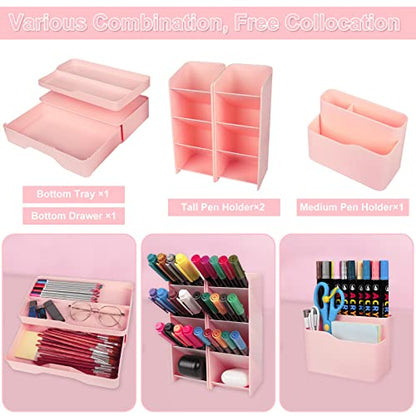 Desk organizer with drawer, 5-piece set, plastic, multifunctional, pen holder for kids, office, home, in pink color.