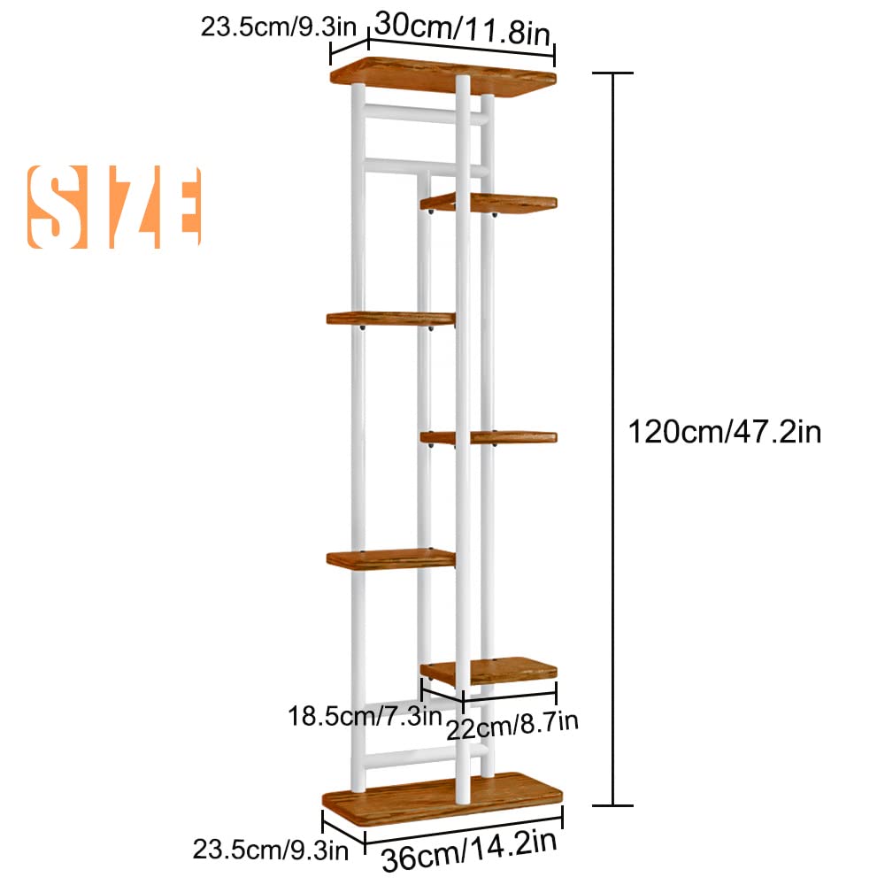 QLFJ-FurDec 7-Tier Plant Stand Holder Indoor, Wood and Metal Standing Flower Pot Shelf, 7-Tier 8-Pot Multi Flower Pot Holder for Balcony Garden Windowsill Corner (8 Pots, White)