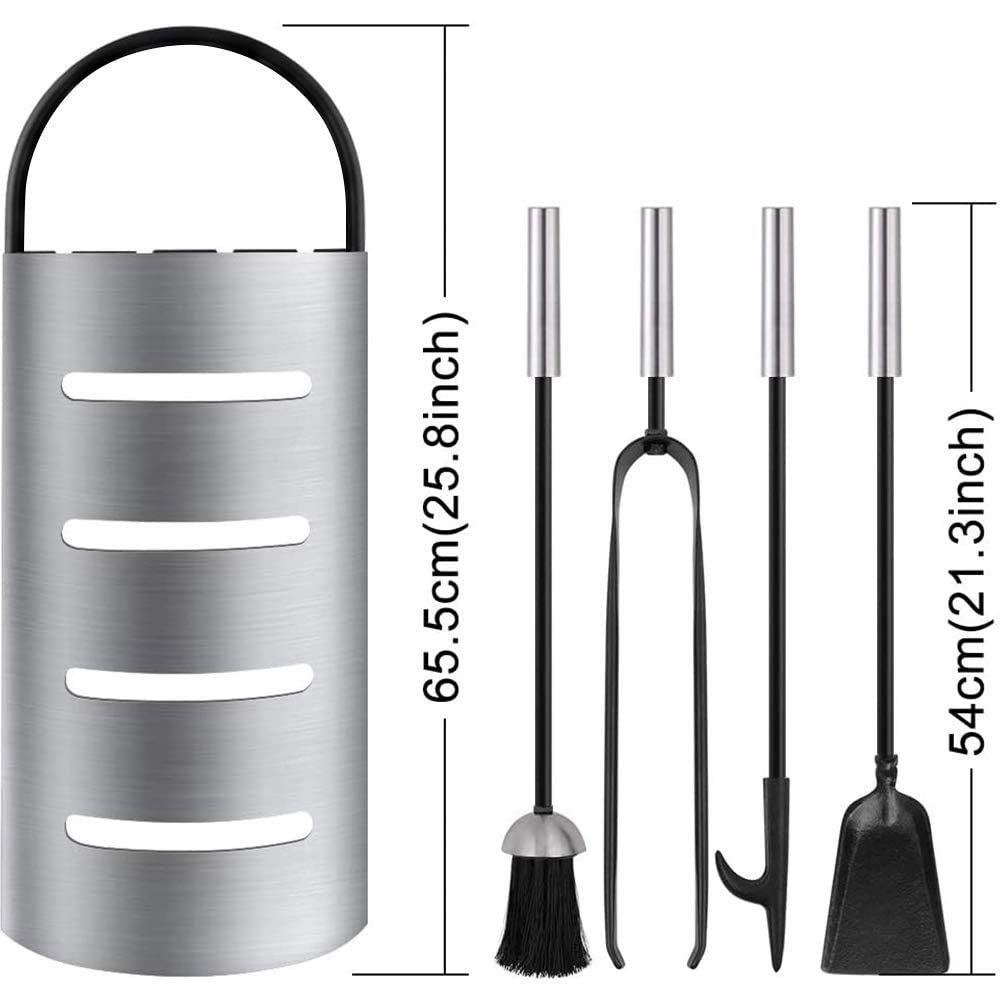 Amagabeli 21.3" (54cm) 4 Piece Fireplace Tool Set Heavy Duty Fireplace Tools Set Silver Wrought Iron Fireplace Companion Set Fireplace Iron Block Holder Fire Pit Lienbacher Fireplace Wood Stove Tools Fire Tongs