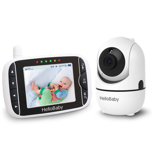 HelloBaby Baby Monitor with Camera, 3.2 inch screen, 355° Pan-120° Tilt-Zoom, Baby monitor without WiFi, 2-way audio, temperature, 8 lullabies, night vision, temperature sensor (Black/White)