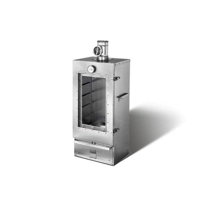 Isolated Smoki Smokehouse with viewing window made of embossed Cr stainless steel 85x39x33cm