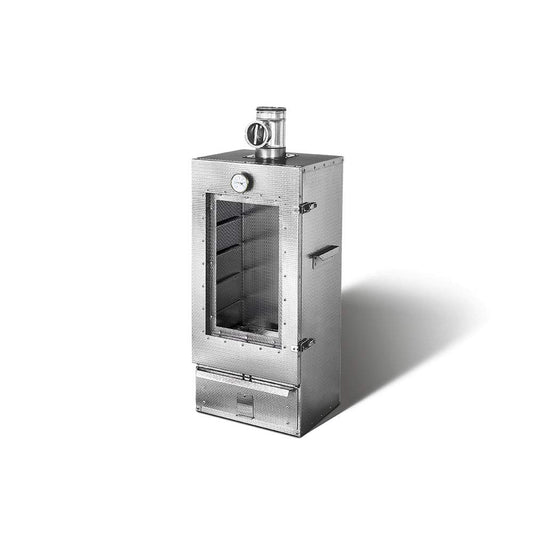 Isolated Smoki Smokehouse with viewing window made of embossed Cr stainless steel 85x39x33cm