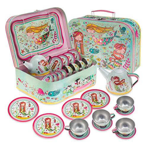 Jewelkeeper - Tin Tea Set for Girls & Carry Case, Kids Pretend Play Kitchen Toy Set, 15 Pieces - Mermaid Design