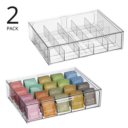 mDesign storage box for tea bags, coffee pods, sugar, etc. - compact plastic tea box with 20 compartments - kitchen organizer with a drawer - 2-pack - transparent