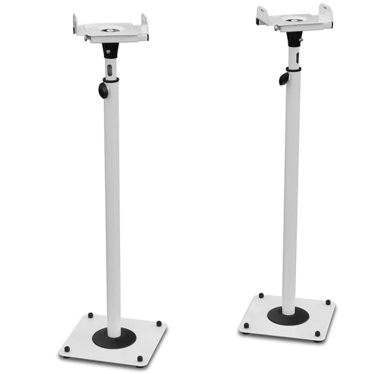 Turntable speaker stands for two white audio monitors. Height adjustable with cable channel. Model: LS-1W.