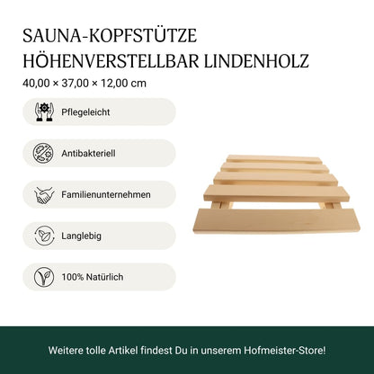 HOFMEISTER® sauna headrest, 40 cm, height adjustable, made of sturdy linden wood, stable sauna backrest ergonomic back support, relax & unwind in the steam bath