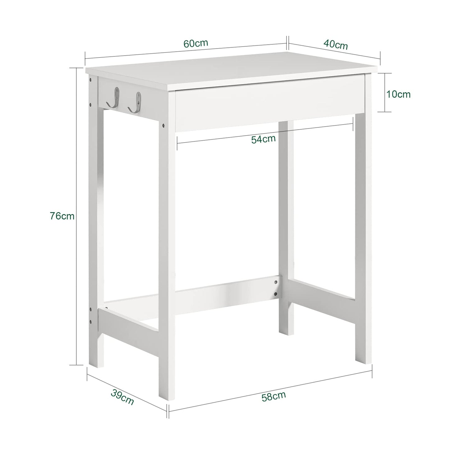 SoBuy Compact Desk Computer Desk with 1 Drawer and 2 Hooks Small Table for Home Office Workstation PC Desk Furniture for Study White 60x77x40cm FWT43-W