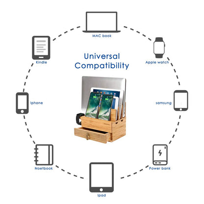 iCozzier 4 Slot Detachable Bamboo Watch Stand With Drawer Charging Station for Multiple Devices Dock for iWatch, Smartphones, Tablets, Laptops