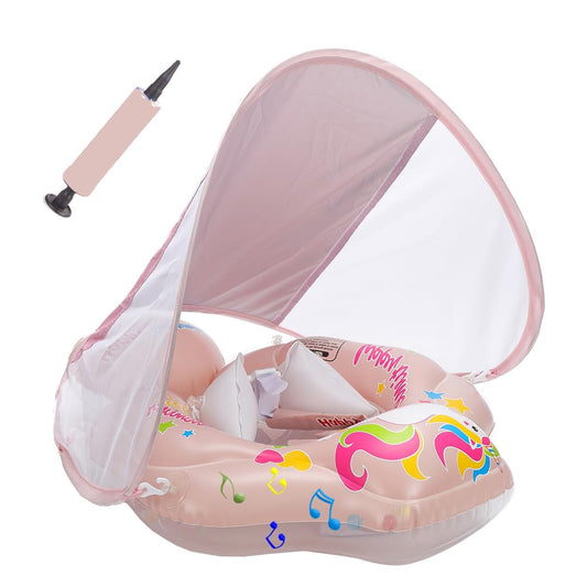 TUIBEIDAMAI Baby Swim Ring with Sunshade Removable, Swim Ring with Sun Protection Adjustable Shoulder Straps, Inflatable Swim Ring, Baby Float Swim Ring for 3-36 Months (Pink)
