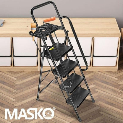 MASKO® Folding Step Ladder 4-step ladder with handrails, load capacity up to 150 kg, step stool with anti-slip feature, folding ladder + gloves, tool tray & automatic lock, black