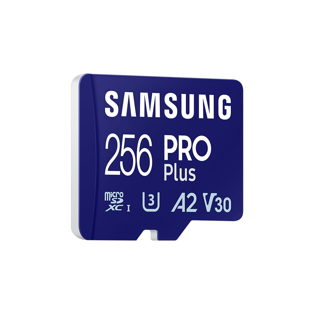 Samsung PRO Plus microSD card + SD adapter, 256GB, for mobile gaming on smartphones, tablets, and handheld consoles. UHS-I U3, Full HD & 4K UHD, 180MB/s read, 130MB/s write. Model: MB-MD256SA/EU.