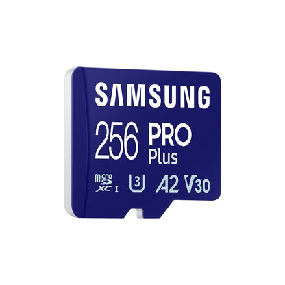 Samsung PRO Plus microSD card + SD adapter, 256GB, for mobile gaming on smartphones, tablets, and handheld consoles. UHS-I U3, Full HD & 4K UHD, 180MB/s read, 130MB/s write. Model: MB-MD256SA/EU.