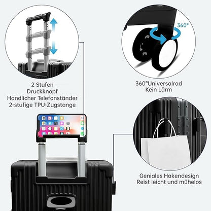 Toumaster Patented Airline Approved Carry-On with Spinner Wheels, 20-inch suitcase with aluminum frame, built-in TSA lock, USB port & cup holder, phone holder travel luggage (Black)
