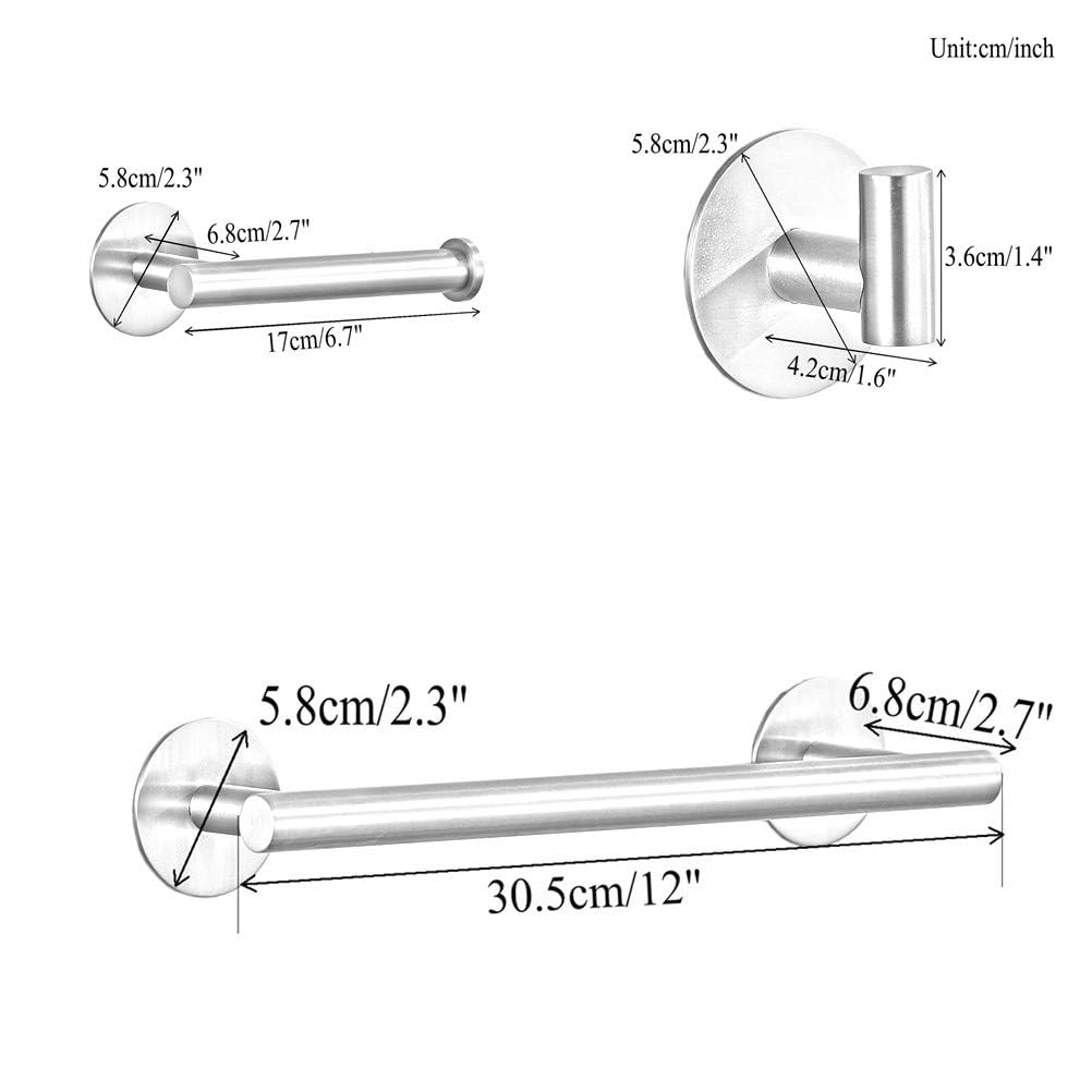3-piece bathroom accessories set without drilling - matte black adhesive 30cm towel holder with toilet paper holder and towel hooks.