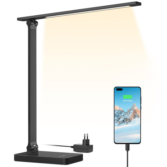 Lestro LED desk lamp 15W, dimmable table light 655LM with 3 color modes & 5 brightness levels, USB port, eye protection reading lamp for office, study, bedside table & reading, Black