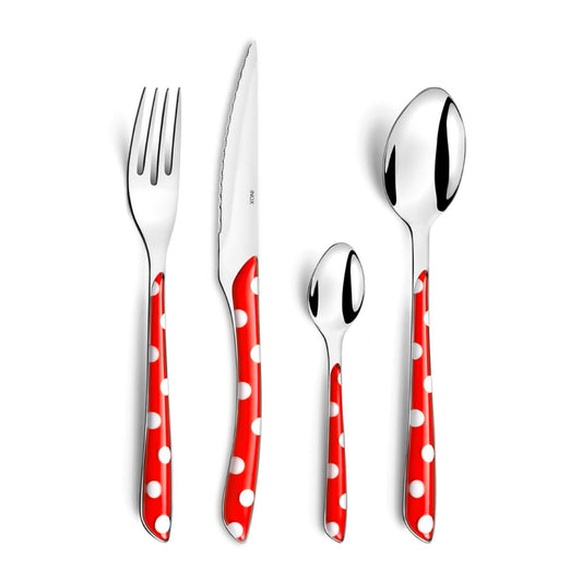 Amefa ECLAT cutlery, dining cutlery for 4 people, stainless steel with high-quality red polka dot plastic handles, 16 pieces.