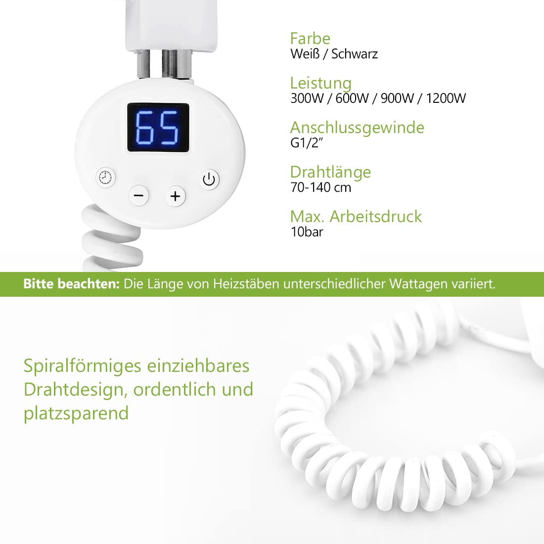 S'AFIELINA Heating Element with Thermostat for Bathroom Towel Warmer 300 watts European Plug White