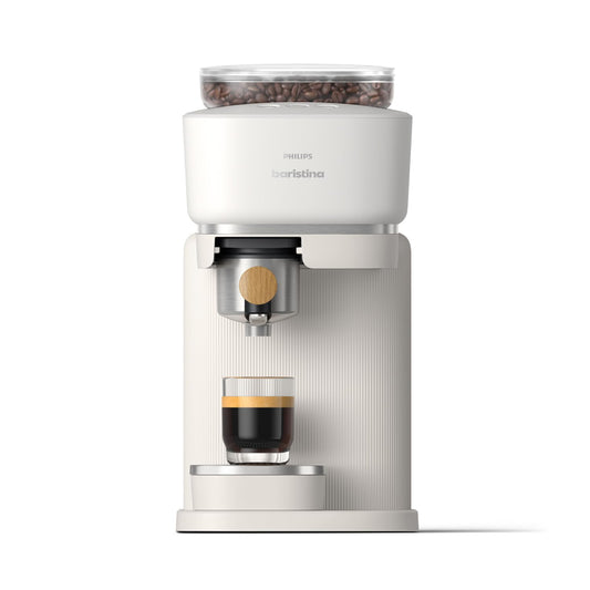 Philips Baristina Espresso Machine - Real Espresso, made simple. Compact coffee machine, natural white with ash wood portafilter, 16-bar pump pressure, automatic grinder, Cafe Crema (BAR302/20)