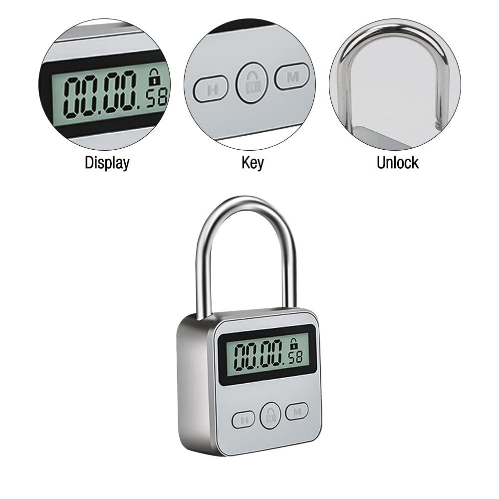 CJBIN Digital Time Lock with LCD Display, Kitchen Safe Time Lock Rechargeable USB Security Padlock, Prevent bad habits (Silver)