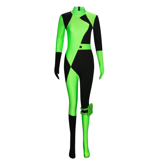 Funhoo women's Shego cosplay costume bodysuit jumpsuit with gloves leg bag green and black women's outfit for Halloween party carnival, XXL