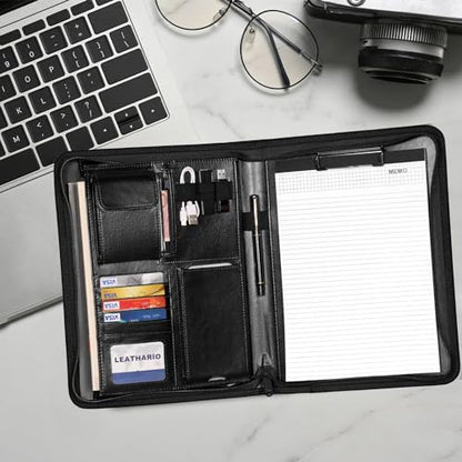 Leathario A4 conference folder, zippered padfolio, document organizer, portfolio, writing pad, black.