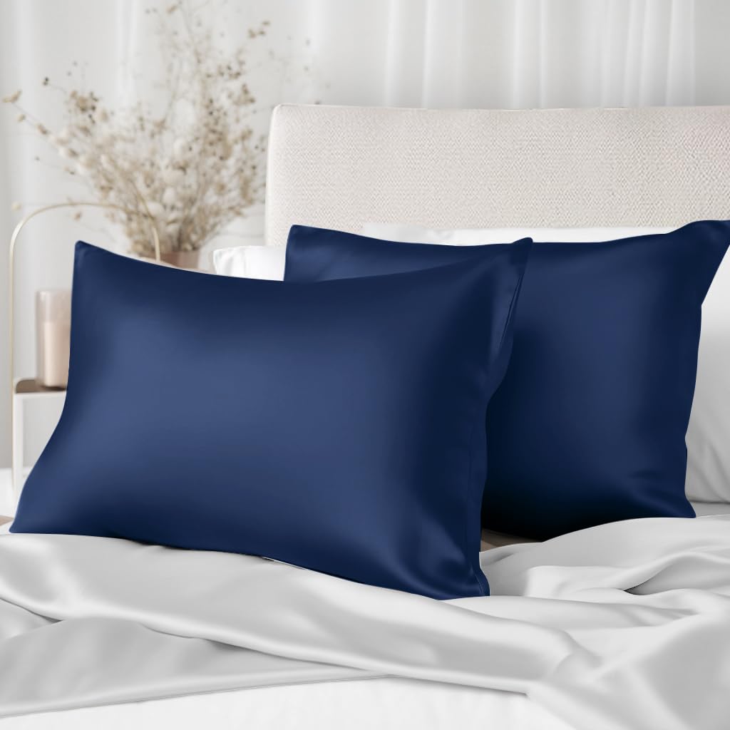 Texbee silk pillowcase 50x75cm for hair and skin, Silk Pillowcase Both Sides Natural Silk Pillowcase with hidden zipper Soft Breathable Smooth Pillowcase-Navy Blue