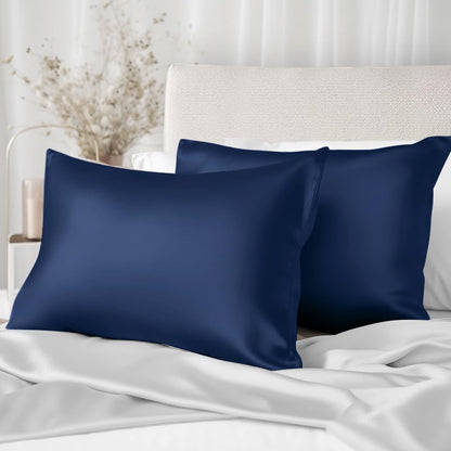 Texbee silk pillowcase 50x75cm for hair and skin, Silk Pillowcase Both Sides Natural Silk Pillowcase with hidden zipper Soft Breathable Smooth Pillowcase-Navy Blue