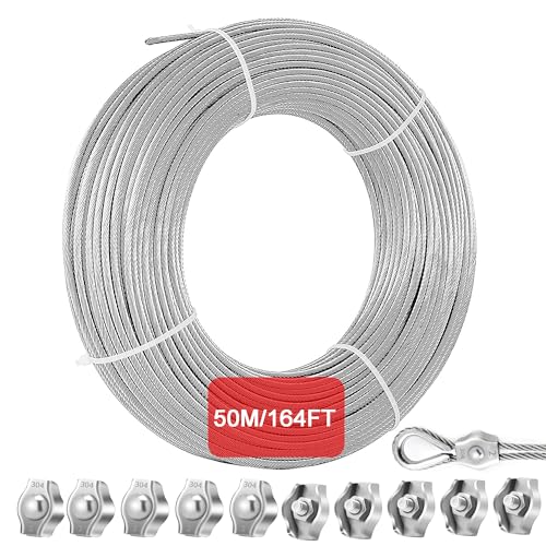 Eachan's steel wire, stainless steel cable 2mm 50m wire tensioner coated with 10 wire rope clamps, 304 stainless steel curtain cord clothesline for climbing plants, hanging lights pendant light.