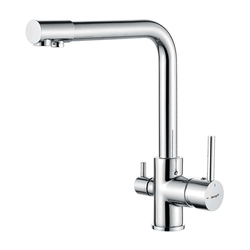 3-way kitchen faucet (drinking water tap with 360° swivel, dual lever, 3-in-1 function for water filter, hot and cold water outlet, high pressure, with 3 hoses 50 cm) stainless steel chrome