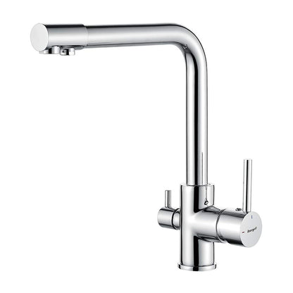 3-way kitchen faucet (drinking water tap with 360° swivel, dual lever, 3-in-1 function for water filter, hot and cold water outlet, high pressure, with 3 hoses 50 cm) stainless steel chrome