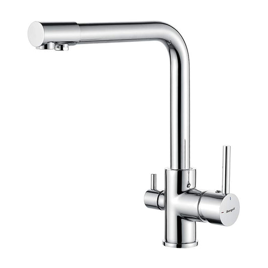 3-way kitchen faucet (drinking water tap with 360° swivel, dual lever, 3-in-1 function for water filter, hot and cold water outlet, high pressure, with 3 hoses 50 cm) stainless steel chrome