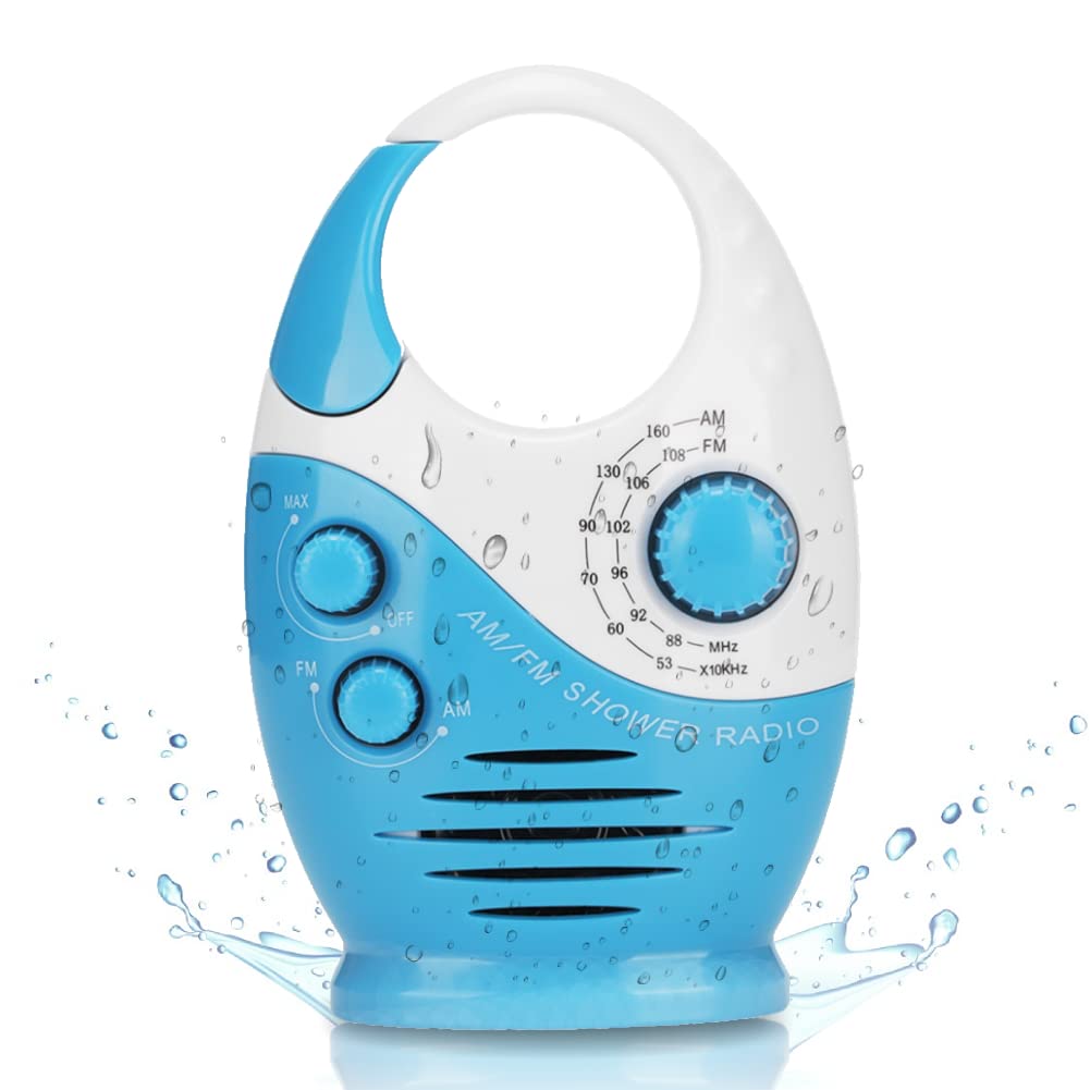 Yunseity Waterproof Shower Radio, Portable AM-FM Radio with Hook Design, Battery Powered, Built-in Speaker, for Bathroom, Kitchen, Outdoor.