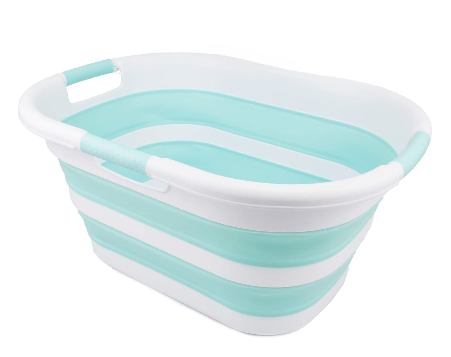 SAMMART foldable plastic laundry basket, 40L, collapsible pop-up storage container/organizer - portable wash tub - space-saving laundry hamper (1, White/Sea Green)