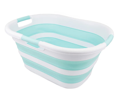 SAMMART foldable plastic laundry basket, 40L, collapsible pop-up storage container/organizer - portable wash tub - space-saving laundry hamper (1, White/Sea Green)