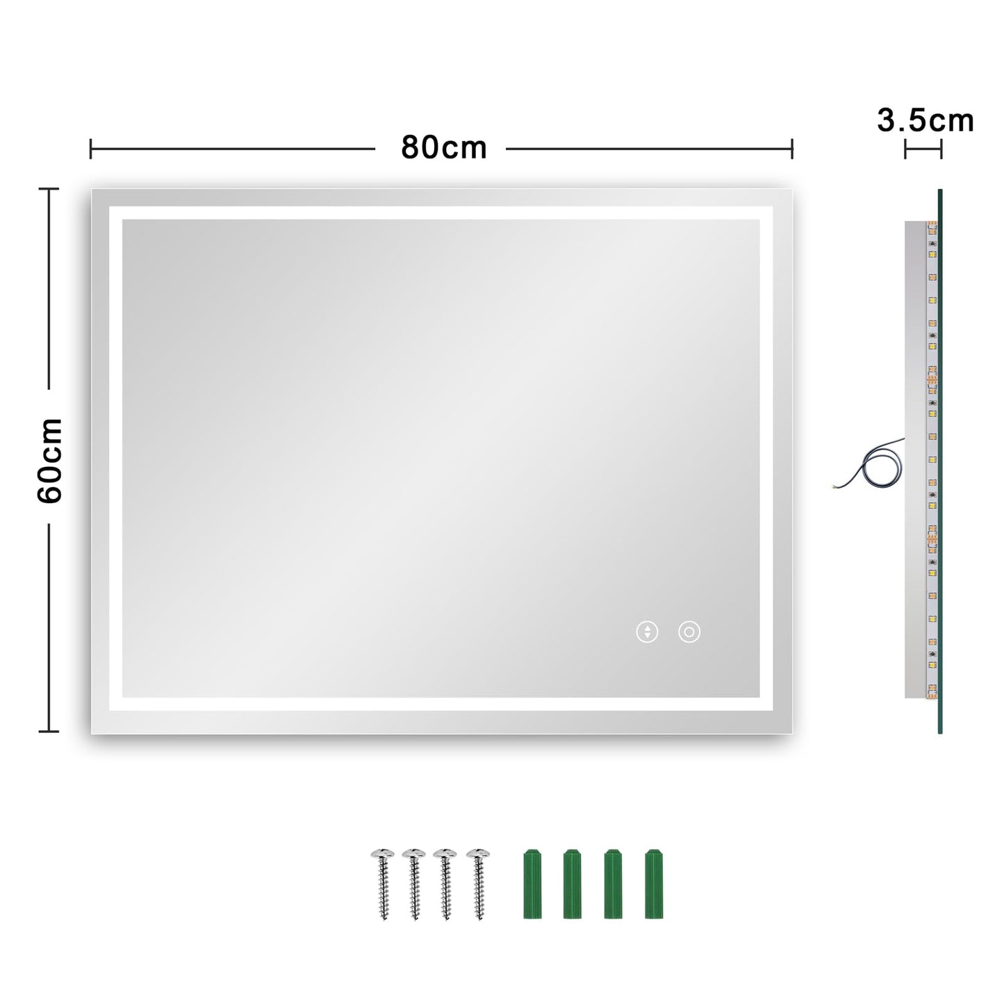 Dripex bathroom mirror with LED lighting, touch switch, dimmable, 3 adjustable light colors. Fog-free 60 x 80 cm illuminated bathroom mirror.