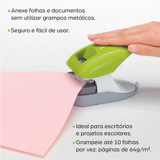 PLUS, stapleless stapler for desktop use, staples up to 10 sheets, with paper guide, stapling and hole punching capabilities, black