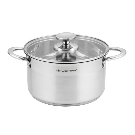 FLORINA Stainless Steel Pot 3.5L 20cm Diameter | Energy Efficient Cooking Pot FALCON | Pot with Glass Lid and Measuring Scale | 3-layered Base for Even Heat Distribution | Suitable for all Stove Types