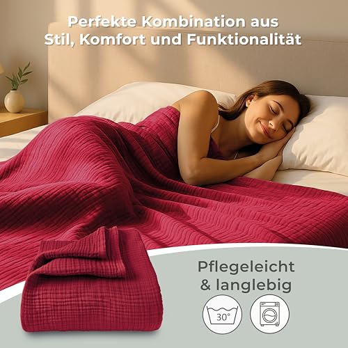 LAYNENBURG Premium Muslin Daybed 180x220 cm - 100% cotton - extra soft cotton blanket as a cuddly blanket, bedspread, sofa throw, couch throw - warm sofa blanket (Bordeaux)