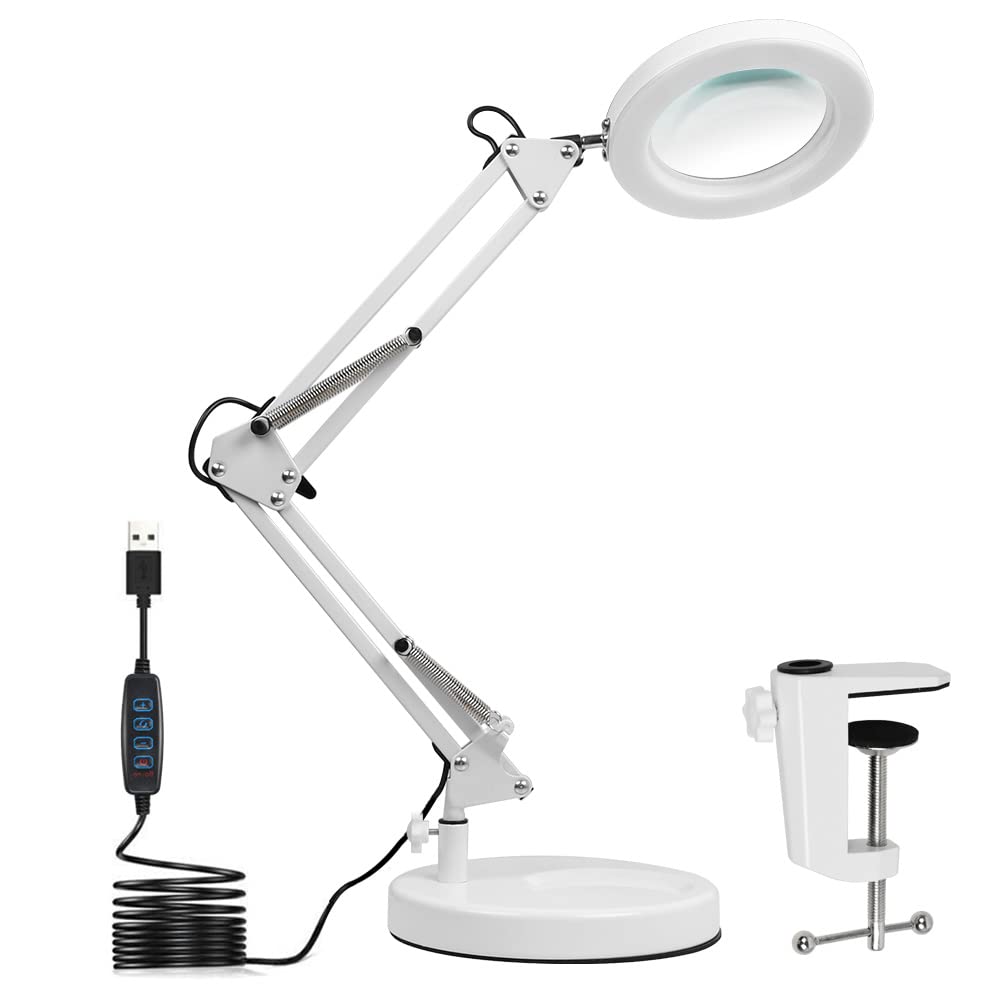 LED magnifying lamp, workplace light, 8 diopter magnifier with light - with clamp & stand, swivel arm, dimmable, 3 color modes, magnifier for reading, crafting - 8x magnification (white)