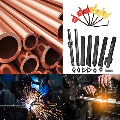 21 piece indexable turning tool set with boring bar, turning tool, and turning tool holder. Includes 7 turning tool holders, 7 carbide inserts, and 7 wrenches (10 mm).