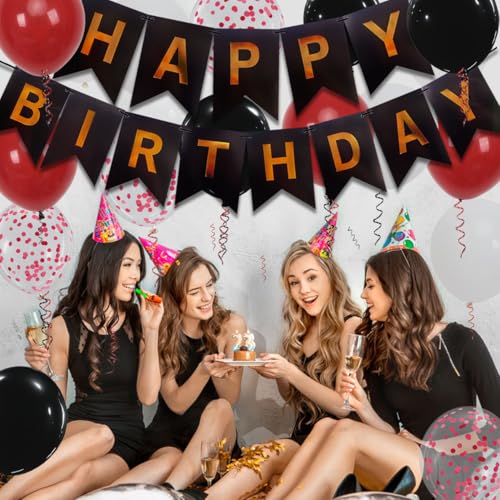 Happy Birthday Banner, Red Birthday Decorations, 16 pieces 12 inch balloons with 2 strings for men, women, girls, and boys party decoration