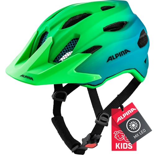ALPINA CARAPAX JR. FLASH - Illuminated, Lightweight, and Safe LED bike helmet with insect net for children, green-blue, 51-56 cm.