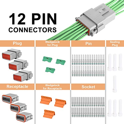 JRready DT Series Connector 12 Pin Gray Waterproof Electrical Wire Connector Plug Receptacle with Round Contact and Seal Plug, 3 Sets