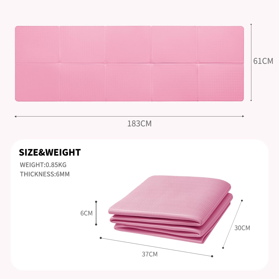 Good Night Folding Yoga Mat Non-slip Portable Fitness Mat Foldable Lightweight Gymnastics Mat Pilates Sport Travel Yoga Mat 183 x 61 x 0.6 cm (Pink)