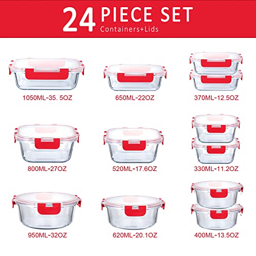 24-piece glass food storage containers with improved snap-lock lids, glass meal prep container set - airtight lunch containers, microwave, freezer, and dishwasher safe, red.
